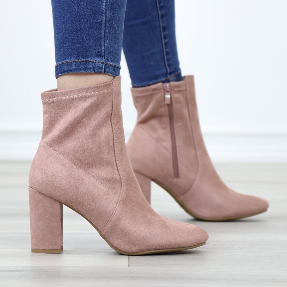 Pointed Toe Pink Faux Suede Block High Heel Above Ankle Boots - Picture 4 of 14